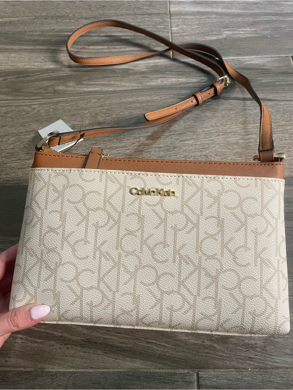 Calvin Klein Cream Logo Crossbody with Tan Strap